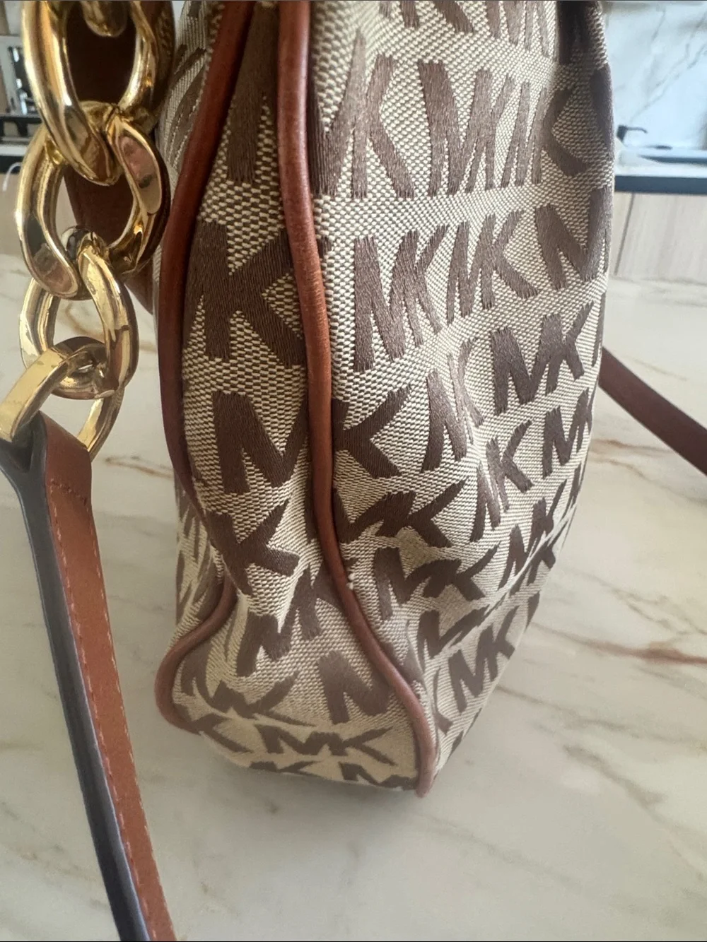 Michael Kors Beige and Brown MK Monogram Crossbody Bag